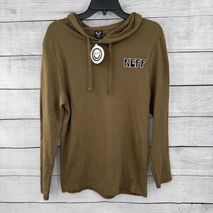 NEFF BRAND Shirt Olive Green Waffle Knit Long Sleeve Hoodie‎ Mens Small